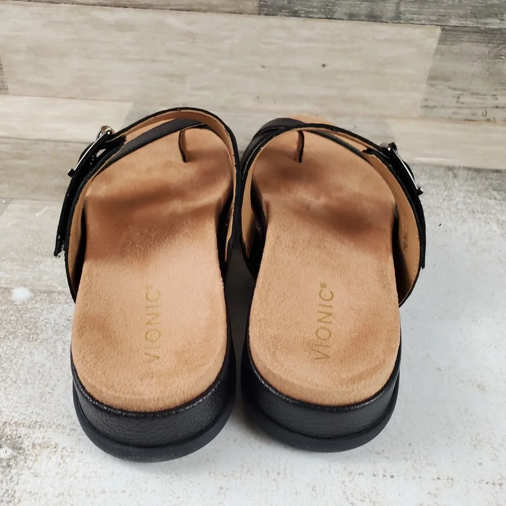 Vionic Carmela Womens Strappy Slide Sandals Sz 9 M Black Leather Toe Post Loop